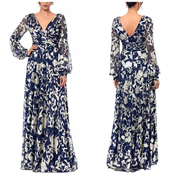 Betsy & Adam Annabelle Navy/Gold Crinkle Metallic Mesh Petite Gown Size 12 NWT - Picture 1 of 13